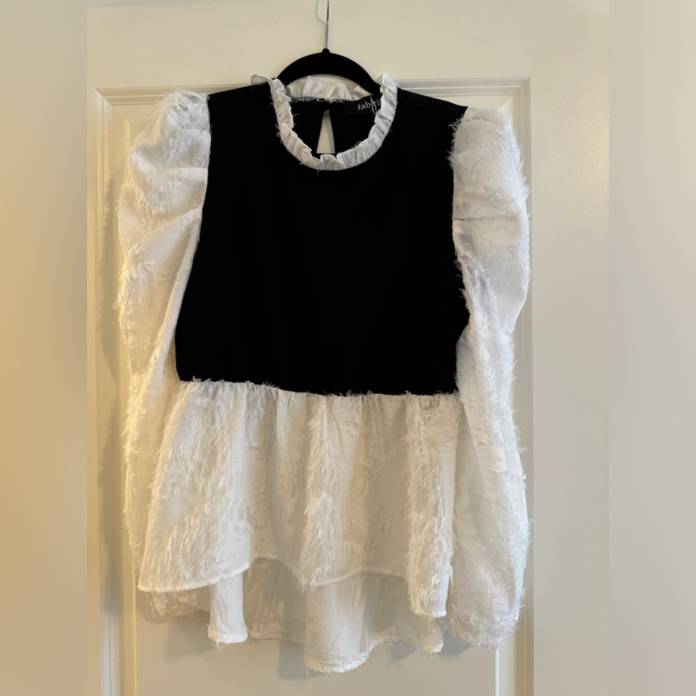 Black and White Blouse Top with Textured Sleeves